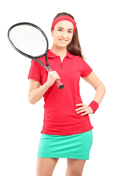 Kobieta trzyma rakieta tenisowa — Zdjęcie stockowe