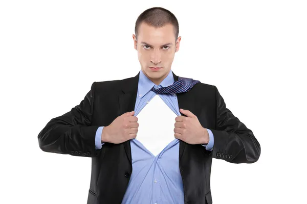 Superhéroe hombre de negocios abriendo camisa azul —  Fotos de Stock