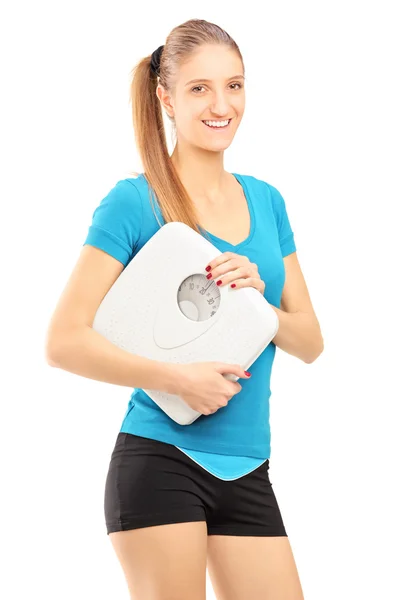 Woman holding weight scale — Stock Photo, Image