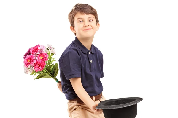 Kid bedrijf bos van bloemen — Stockfoto