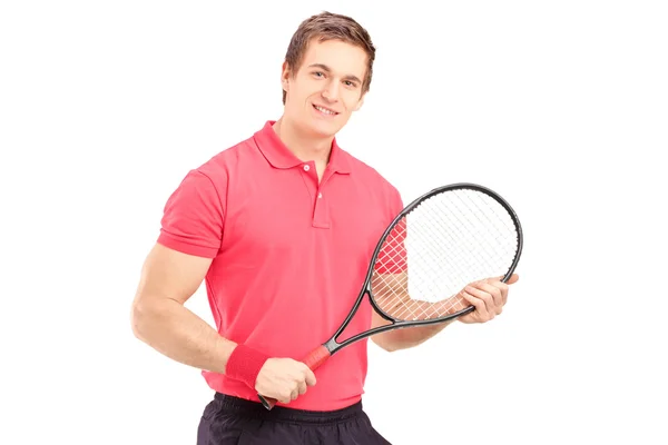 Człowiek przytrzymanie rakieta tenisowa — Zdjęcie stockowe