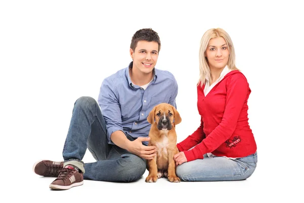 Pareja con bastón corso cachorro — Foto de Stock