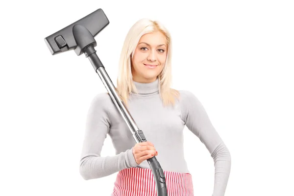 Housewife holding vacuum cleaner — Stock Photo, Image