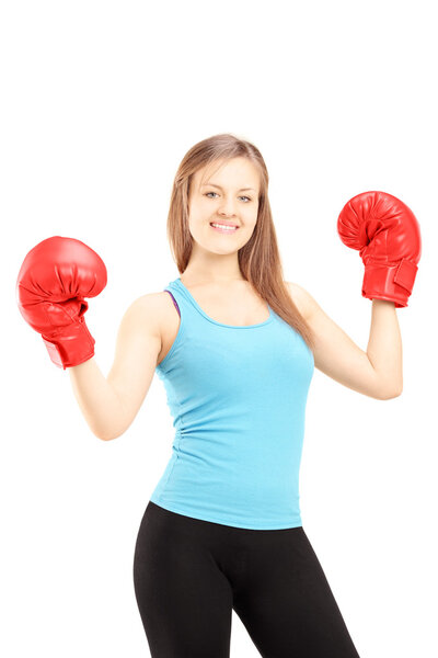 Female athlete wearing boxing gloves