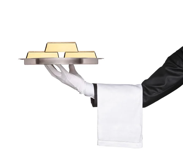 Bandeja de espera de camarero con barras de oro — Foto de Stock