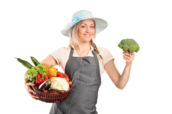 Agricultor segurando vários vegetais — Fotografia de Stock