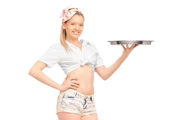 Female waitress holding tray — Stock Photo, Image