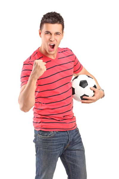 Homem aplaudindo e segurando futebol — Fotografia de Stock