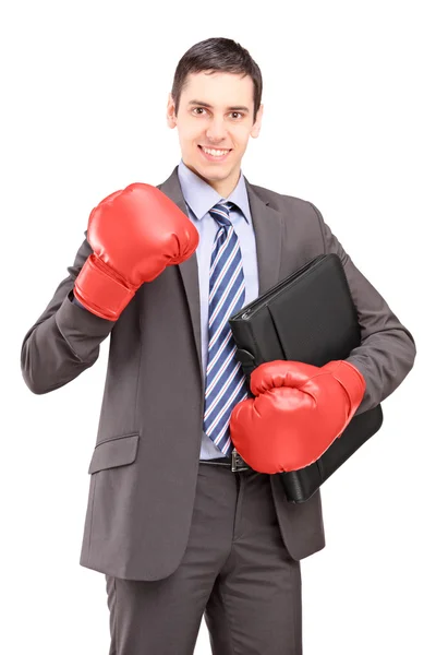 Businessman with red boxing gloves — Stock Photo, Image