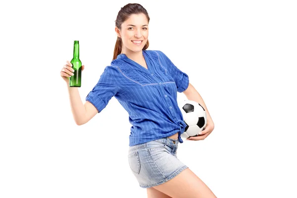 Female fan holding beer bottle — Stock Photo, Image