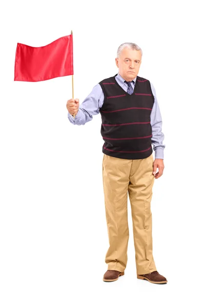 Triste hombre ondeando bandera roja — Foto de Stock