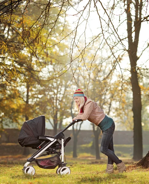 Mère avec un landau dans un parc — Photo