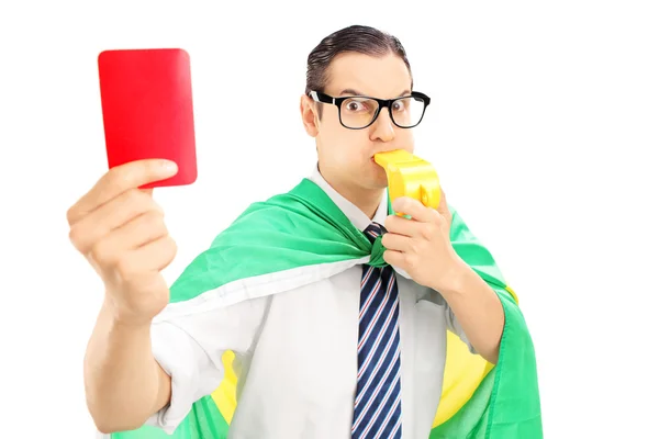 Fan with flag holding red card — Stock Photo, Image