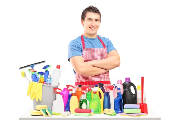 Male cleaner with cleaning products — Stock Photo, Image