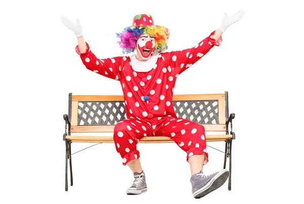 Clown gestikulerande lycka på bänk — Stockfoto