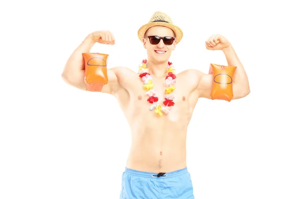 Guy with swimming arm bands — Stock Photo, Image