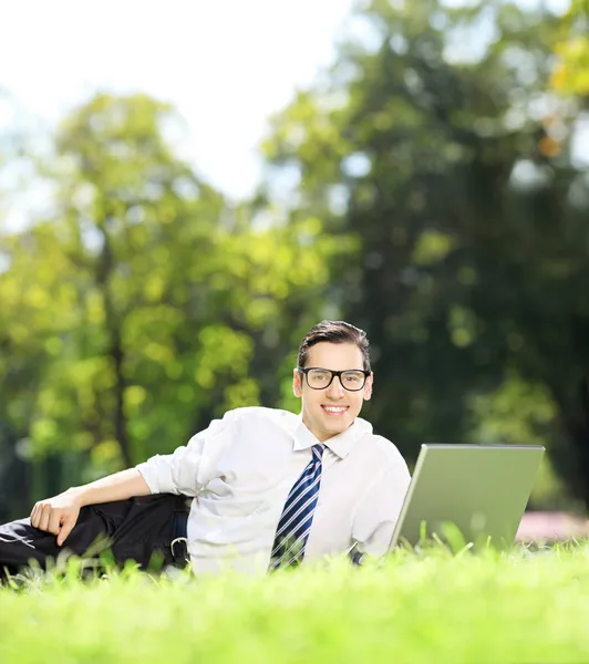 Zakenman die op laptop op gras werkt — Stockfoto