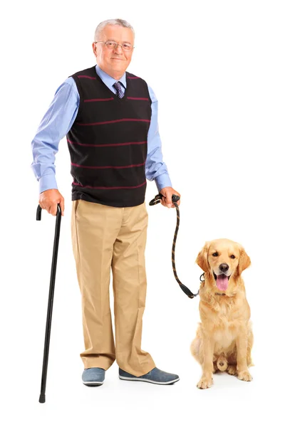 Hombre mayor sosteniendo caña y perro — Foto de Stock