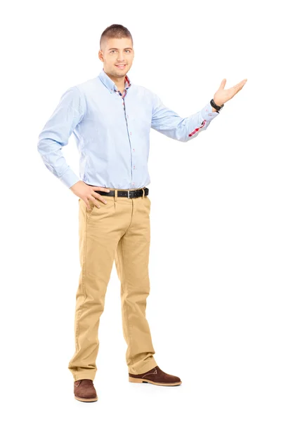 Guy gesturing with his hand — Stock Photo, Image