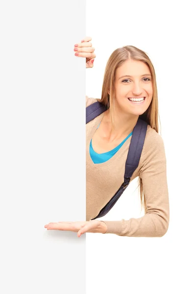 Female student gesturing on panel — Stock Photo, Image