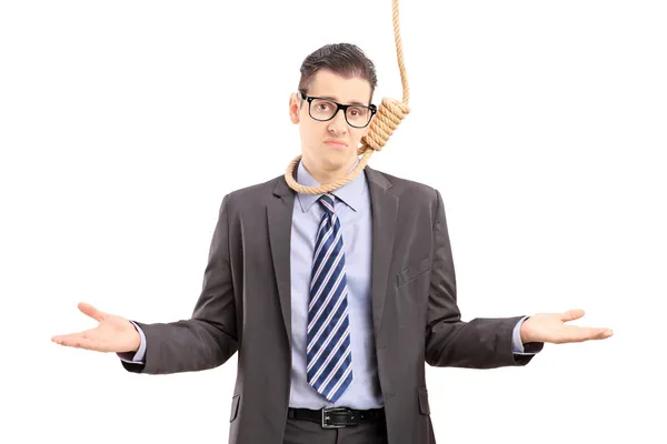 Businessman with a rope around neck — Stock Photo, Image