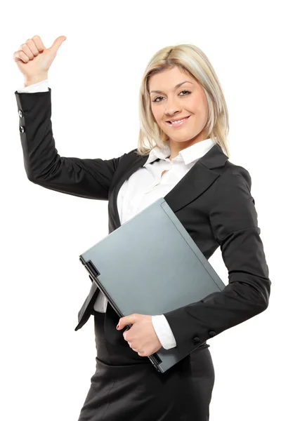 Businesswoman holding laptop — Stock Photo, Image