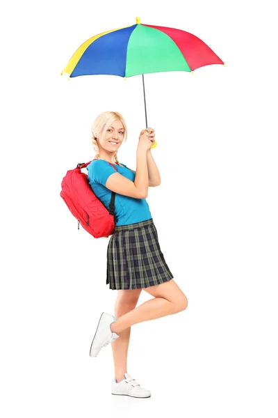 Feminino com bolsa escolar segurando — Fotografia de Stock