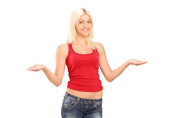 Woman gesturing with arms — Stock Photo, Image