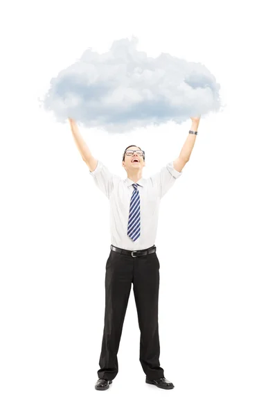 Excited man holding cloud — Stock Photo, Image