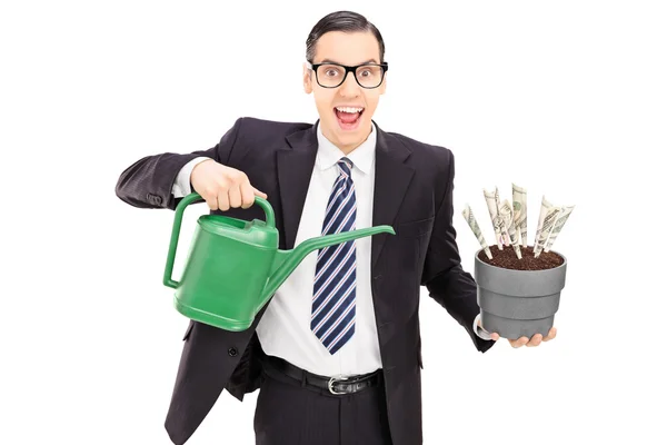 Homme d'affaires tenant arrosoir et pot de fleurs avec des dollars américains — Photo