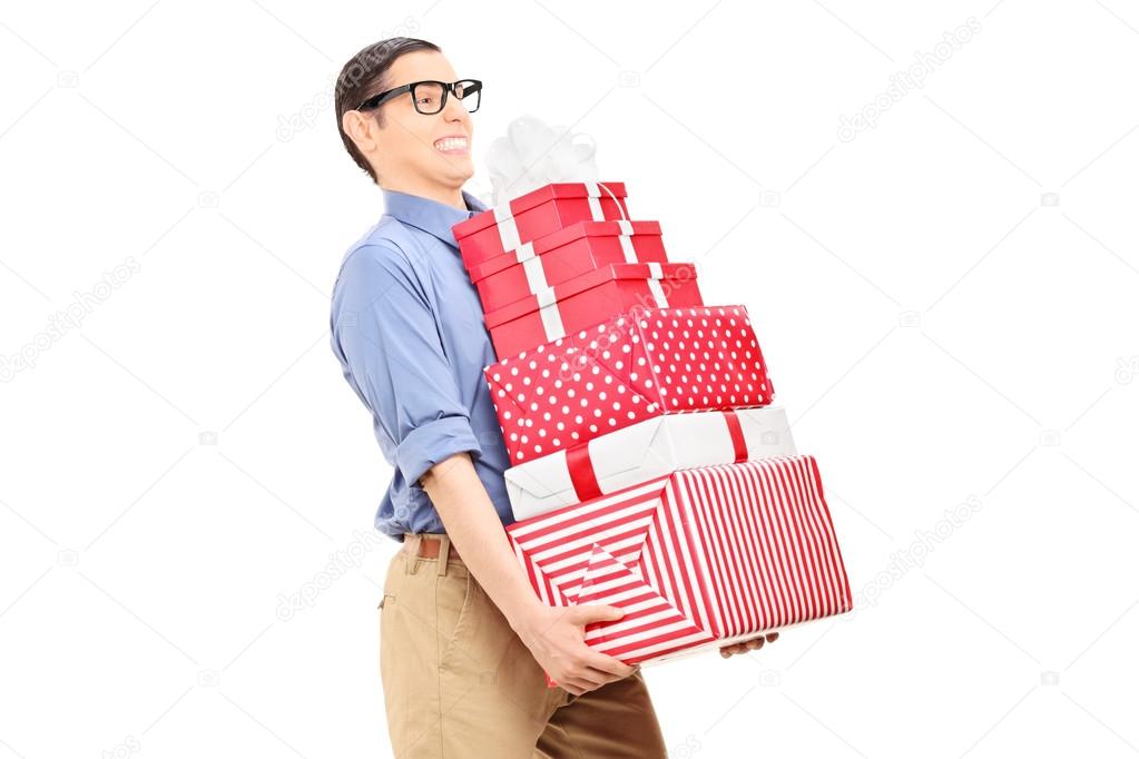 Man carrying heavy load of gifts