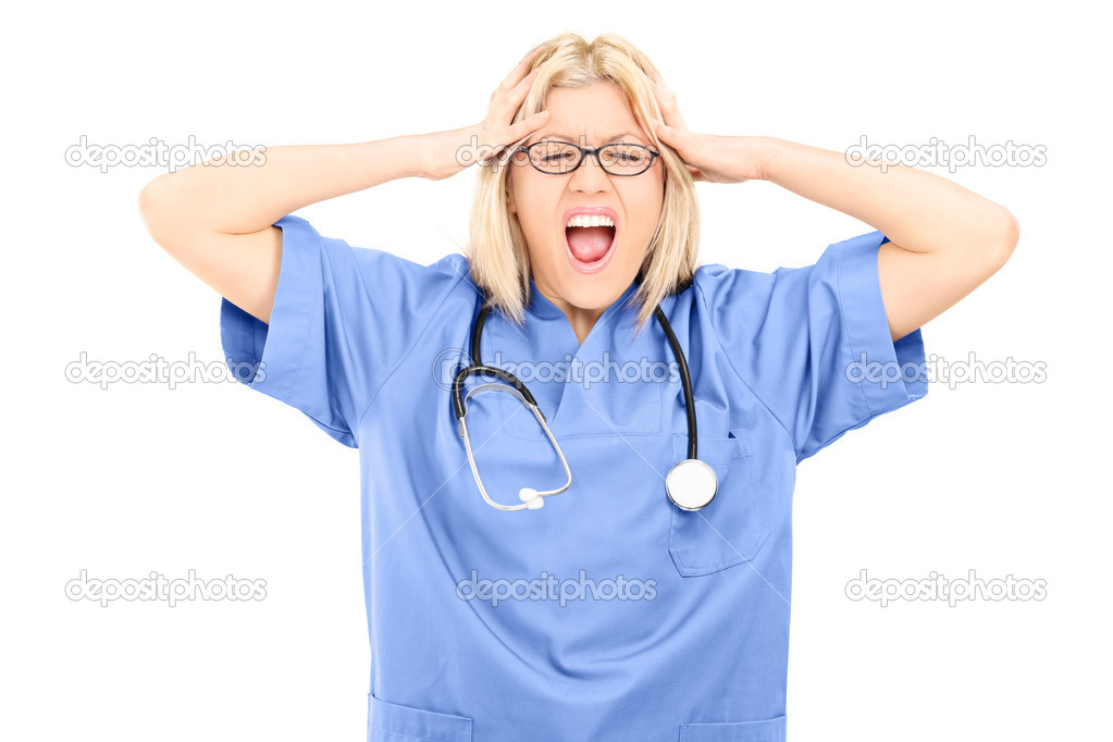 Nervous female doctor screaming