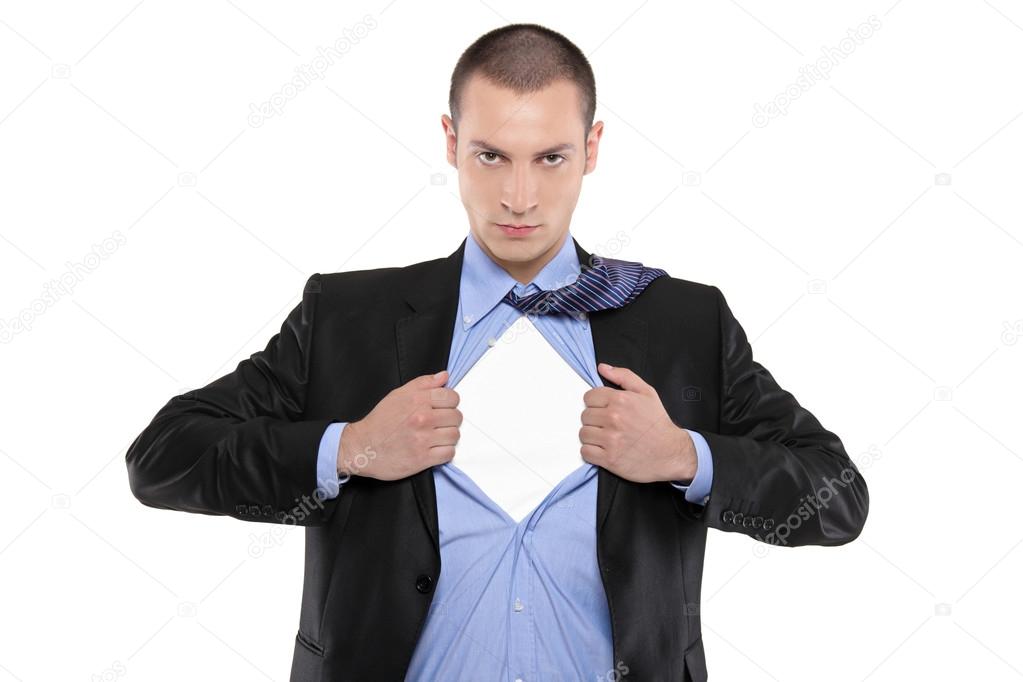 Superhero businessman opening blue shirt