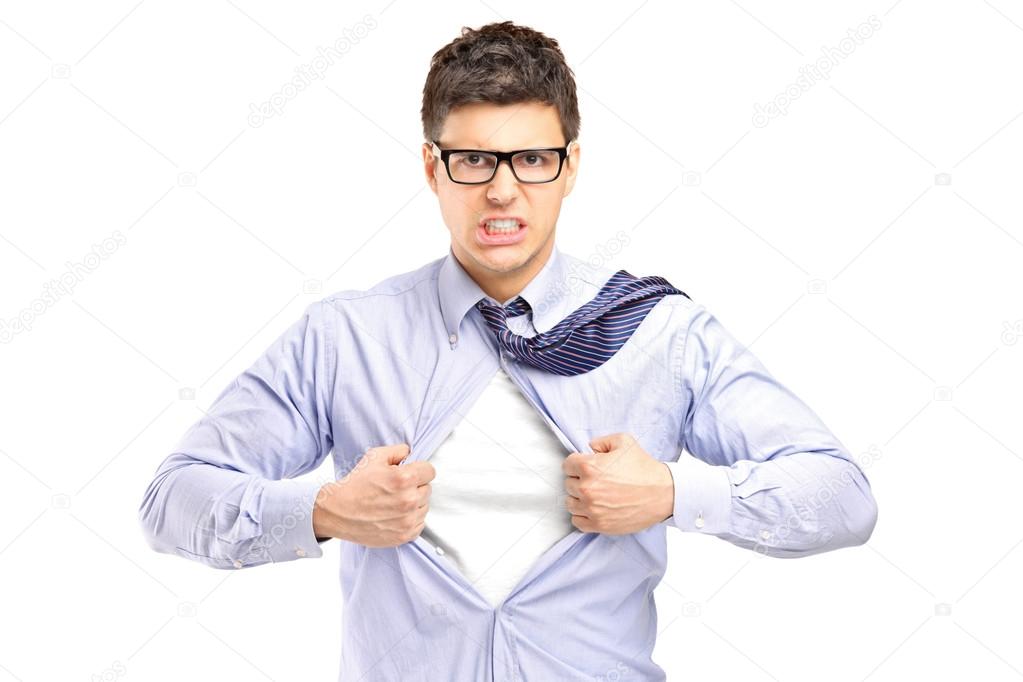 Superhero opening blue shirt, blank white t-shirt underneath provides excellent copy space for your image, text or logo