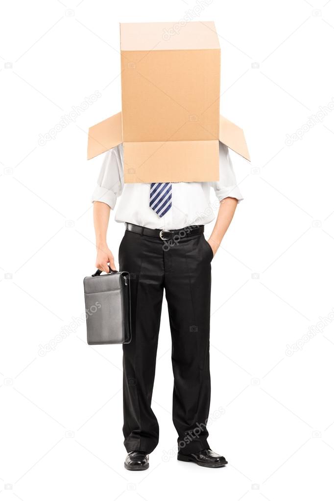 Businessman with box on head