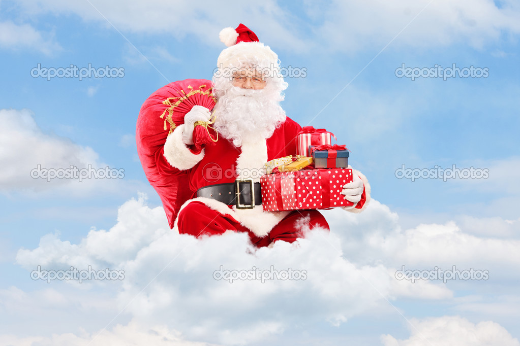 Santa Claus seated on clouds