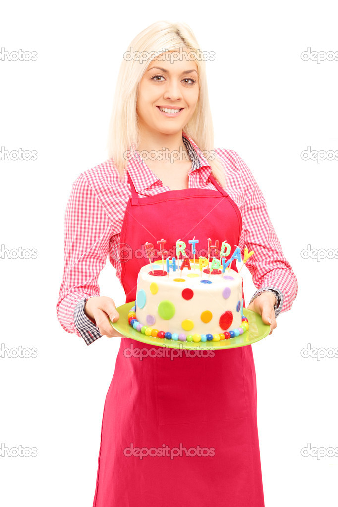 Blond female chef holding cake Stock Photo by ©ljsphotography 45888387