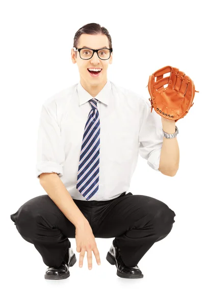 Man prepared to receive baseball ball — Stock Photo, Image