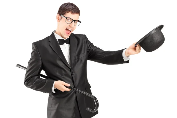 Man in bow tie suit and top hat — Stock Photo, Image