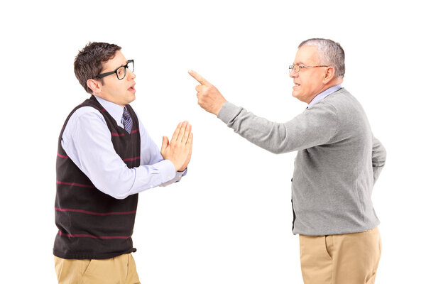 Man begging an older angry man