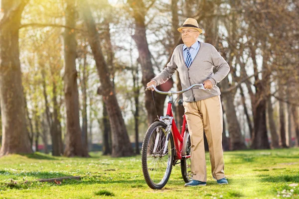 Um homem idoso empurrando bicicleta — Fotografia de Stock