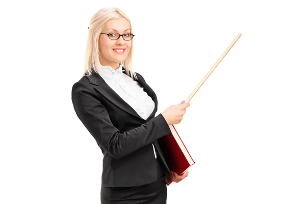 Female lecturer pointing with stick — Stock Photo, Image