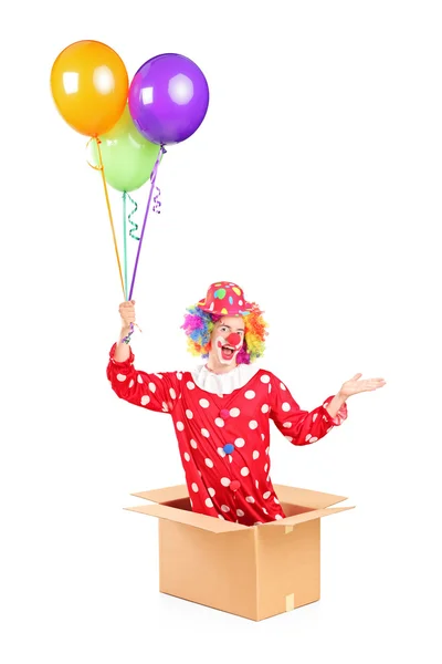 Male clown in cardboard box — Stock Photo, Image