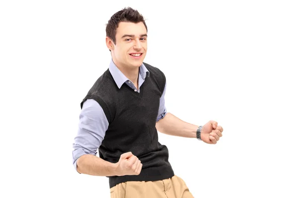 Homem alegre gesticulando felicidade — Fotografia de Stock