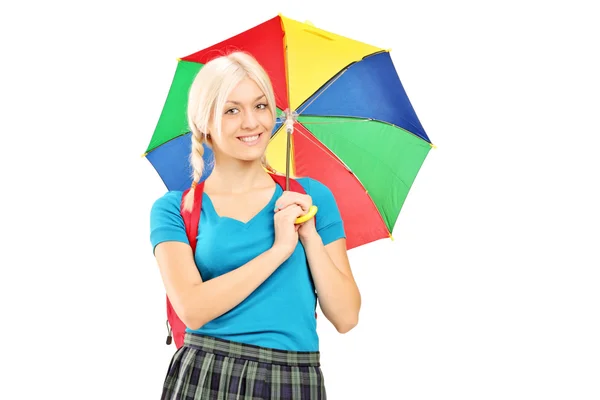 Kız öğrenci holding şemsiyesi — Stok fotoğraf