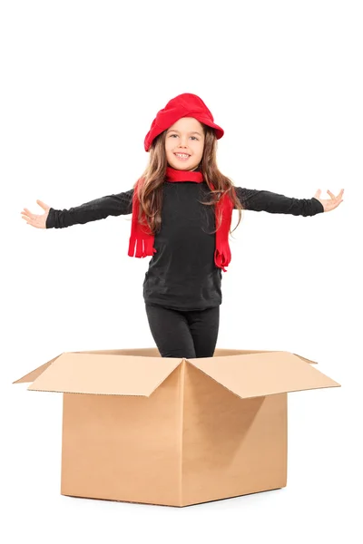 Verspieltes Mädchen steht in einer Kiste — Stockfoto