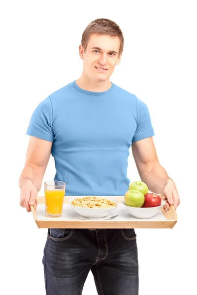 Man with drink and food — Stock Photo, Image