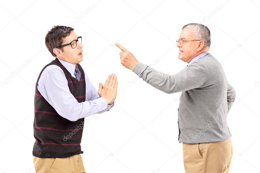 Man begging an older angry man