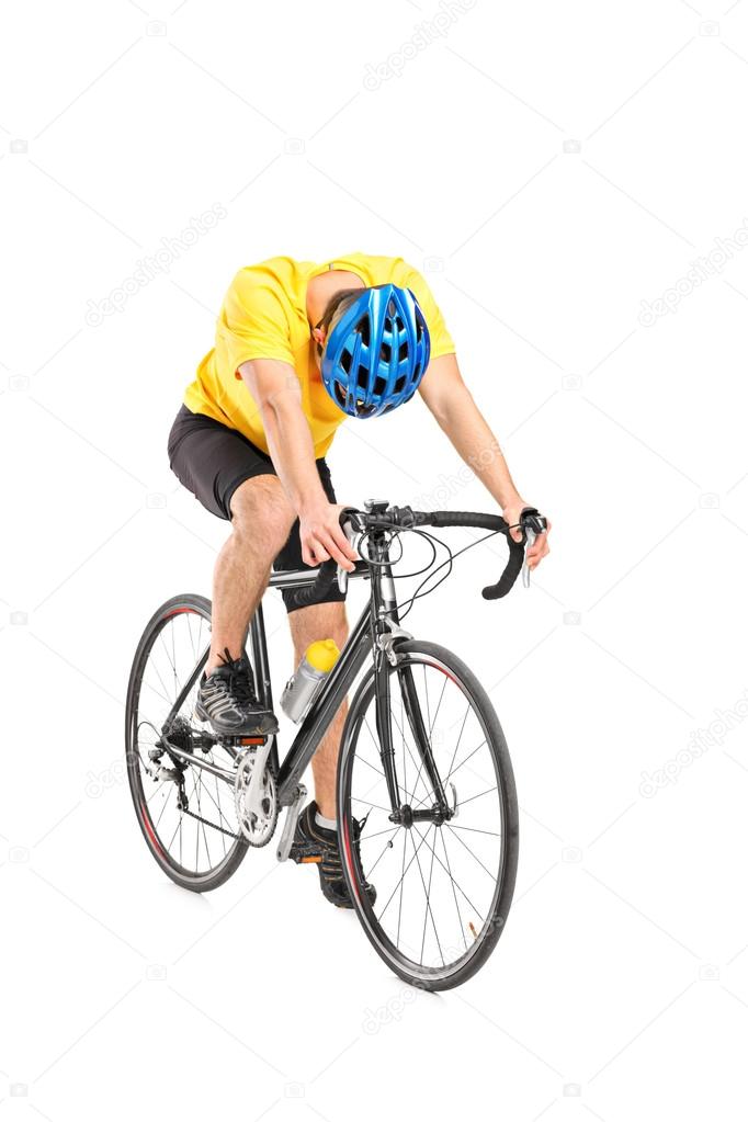 Tired cyclist on bicycle