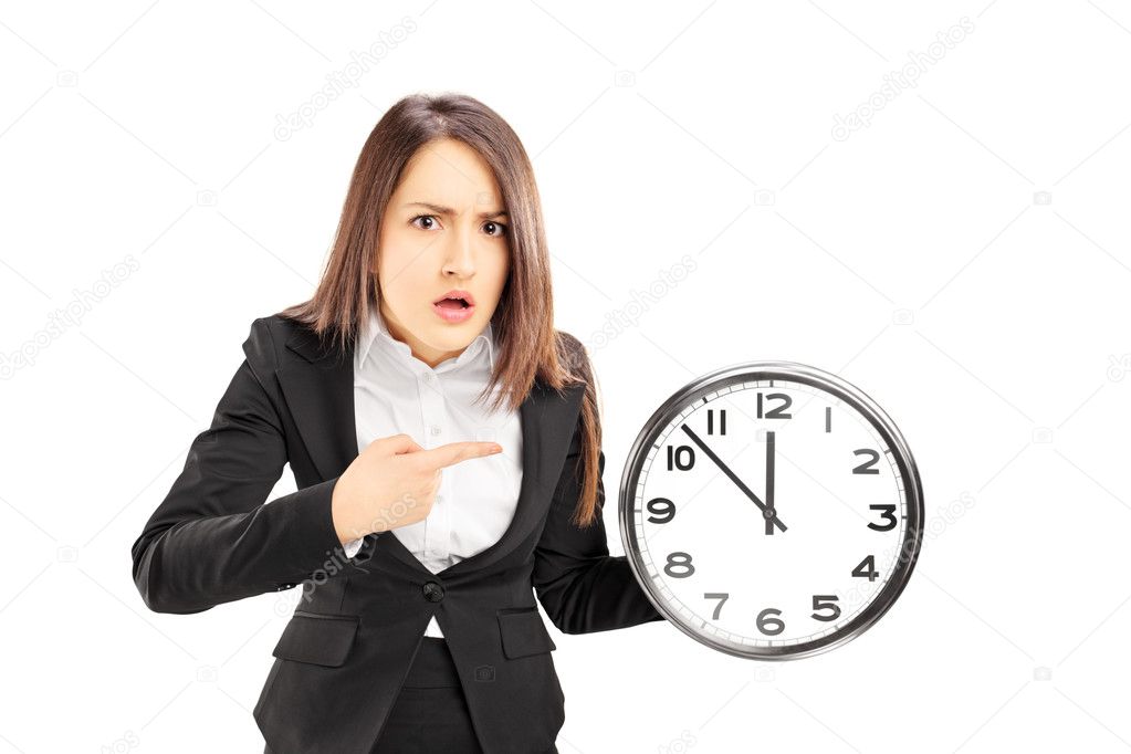 Businesswoman pointing on wall clock
